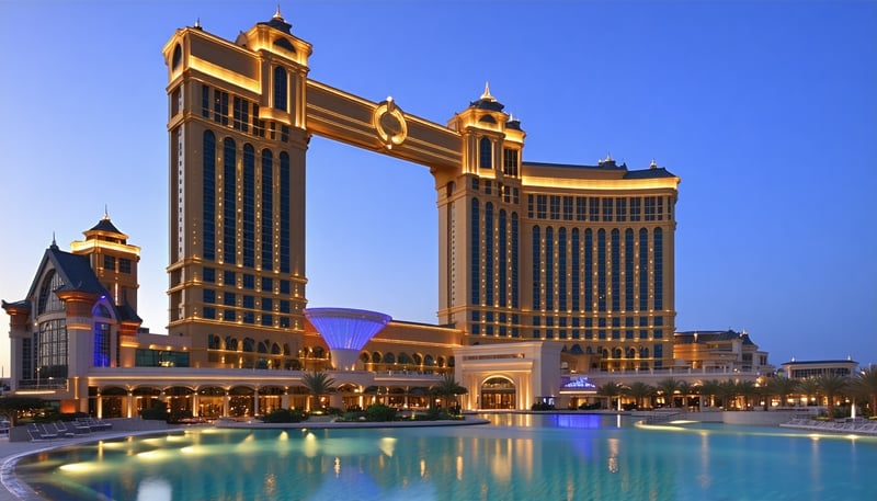 Modern hotel exterior near a vibrant casino resort